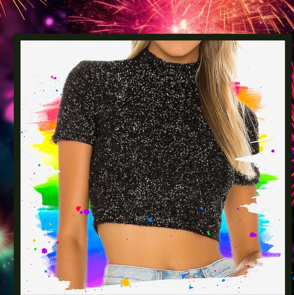 NEW Lovers and Friends Ramona Black Tinsel Crop Top Blouse